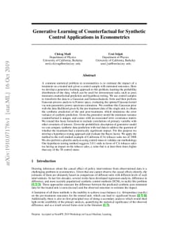 Generative Learning of Counterfactual for Synthetic Control Applications
  in Econometrics