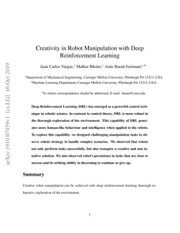 Creativity in Robot Manipulation with Deep Reinforcement Learning