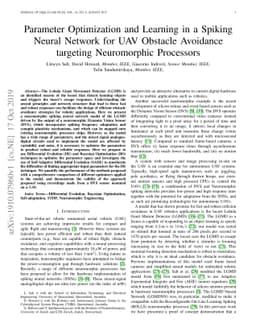 Parameter Optimization and Learning in a Spiking Neural Network for UAV
  Obstacle Avoidance targeting Neuromorphic Processors