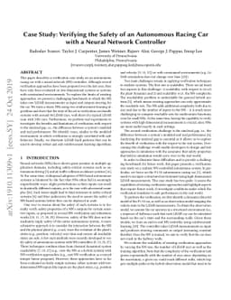 Case Study: Verifying the Safety of an Autonomous Racing Car with a
  Neural Network Controller