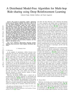 A Distributed Model-Free Algorithm for Multi-hop Ride-sharing using Deep
  Reinforcement Learning