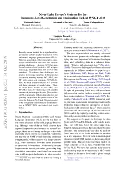 Naver Labs Europe's Systems for the Document-Level Generation and
  Translation Task at WNGT 2019