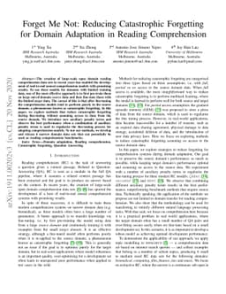 Forget Me Not: Reducing Catastrophic Forgetting for Domain Adaptation in
  Reading Comprehension