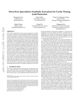 SpecuSym: Speculative Symbolic Execution for Cache Timing Leak Detection