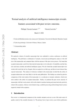 Textual analysis of artificial intelligence manuscripts reveals features
  associated with peer review outcome