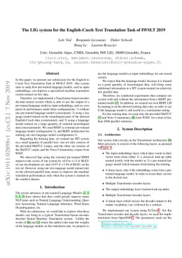The LIG system for the English-Czech Text Translation Task of IWSLT 2019