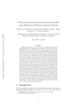 Privacy-Preserving Generalized Linear Models using Distributed Block
  Coordinate Descent