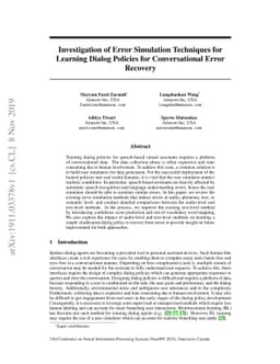 Investigation of Error Simulation Techniques for Learning Dialog
  Policies for Conversational Error Recovery
