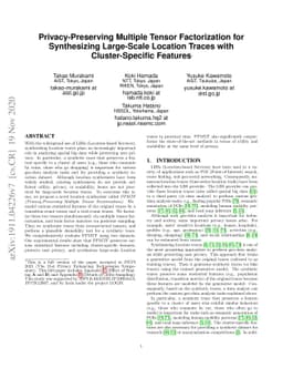 Privacy-Preserving Multiple Tensor Factorization for Synthesizing
  Large-Scale Location Traces with Cluster-Specific Features