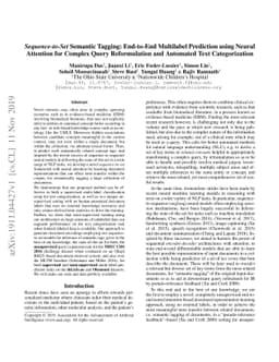 Sequence-to-Set Semantic Tagging: End-to-End Multi-label Prediction
  using Neural Attention for Complex Query Reformulation and Automated Text
  Categorization