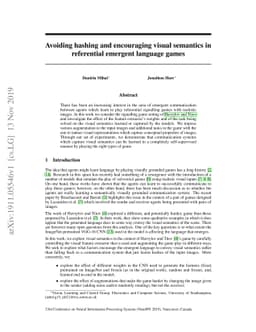 Avoiding hashing and encouraging visual semantics in referential
  emergent language games