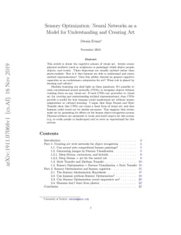 Sensory Optimization: Neural Networks as a Model for Understanding and
  Creating Art
