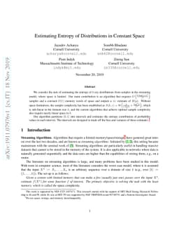 Estimating Entropy of Distributions in Constant Space