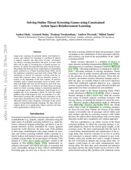 Solving Online Threat Screening Games using Constrained Action Space
  Reinforcement Learning