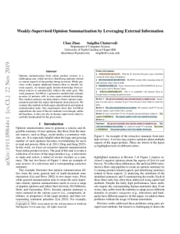Weakly-Supervised Opinion Summarization by Leveraging External
  Information