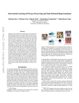 Adversarial Learning of Privacy-Preserving and Task-Oriented
  Representations
