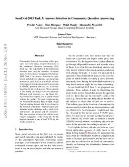 SemEval-2015 Task 3: Answer Selection in Community Question Answering
