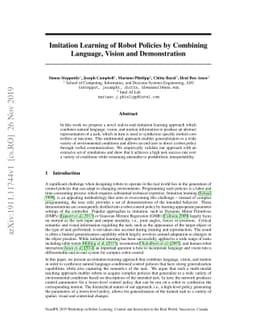 Imitation Learning of Robot Policies by Combining Language, Vision and
  Demonstration