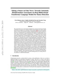 Taking a Stance on Fake News: Towards Automatic Disinformation
  Assessment via Deep Bidirectional Transformer Language Models for Stance
  Detection