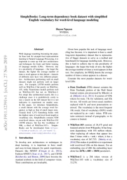 SimpleBooks: Long-term dependency book dataset with simplified English
  vocabulary for word-level language modeling