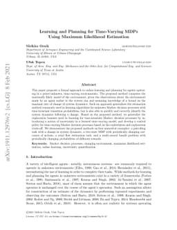 Learning and Planning for Time-Varying MDPs Using Maximum Likelihood
  Estimation