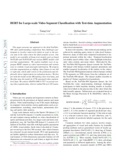BERT for Large-scale Video Segment Classification with Test-time
  Augmentation