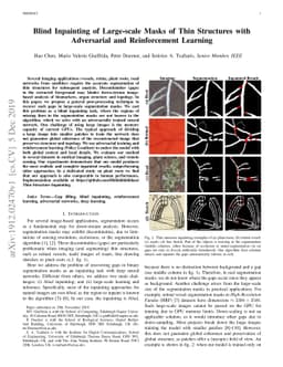 Blind Inpainting of Large-scale Masks of Thin Structures with
  Adversarial and Reinforcement Learning