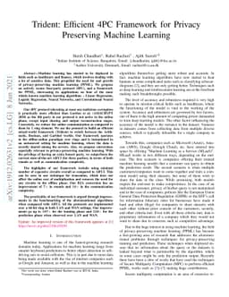 Trident: Efficient 4PC Framework for Privacy Preserving Machine Learning