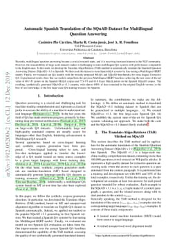 Automatic Spanish Translation of the SQuAD Dataset for Multilingual
  Question Answering