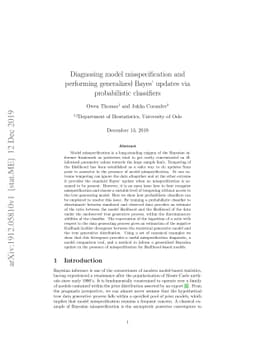 Diagnosing model misspecification and performing generalized Bayes'
  updates via probabilistic classifiers
