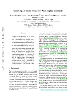 Identifying Adversarial Sentences by Analyzing Text Complexity