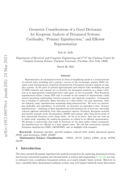 Geometric Considerations of a Good Dictionary for Koopman Analysis of
  Dynamical Systems: Cardinality, 'Primary Eigenfunction,' and Efficient
  Representation
