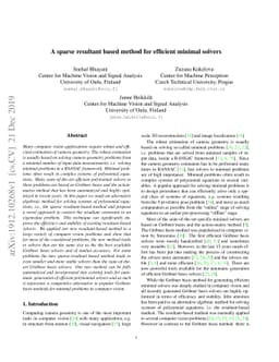 A sparse resultant based method for efficient minimal solvers