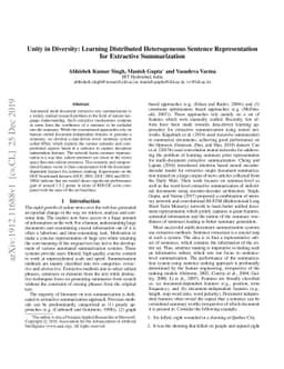 Unity in Diversity: Learning Distributed Heterogeneous Sentence
  Representation for Extractive Summarization