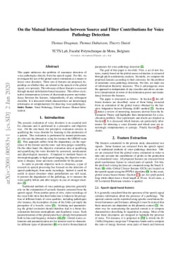 On the Mutual Information between Source and Filter Contributions for
  Voice Pathology Detection