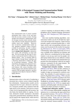 TED: A Pretrained Unsupervised Summarization Model with Theme Modeling
  and Denoising