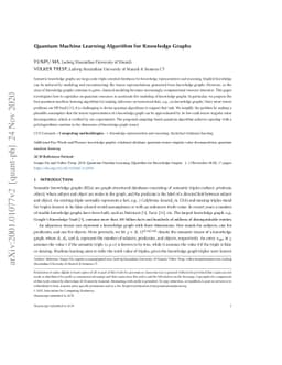 Quantum Machine Learning Algorithm for Knowledge Graphs