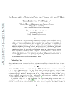 On Recoverability of Randomly Compressed Tensors with Low CP Rank