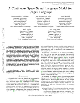 A Continuous Space Neural Language Model for Bengali Language