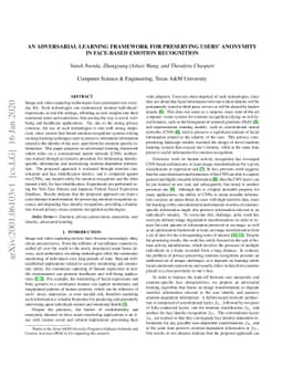 An adversarial learning framework for preserving users' anonymity in
  face-based emotion recognition