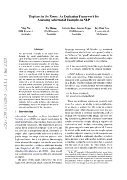 Elephant in the Room: An Evaluation Framework for Assessing Adversarial
  Examples in NLP