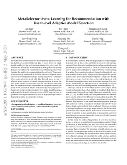 MetaSelector: Meta-Learning for Recommendation with User-Level Adaptive
  Model Selection