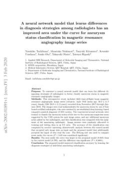 A neural network model that learns differences in diagnosis strategies
  among radiologists has an improved area under the curve for aneurysm status
  classification in magnetic resonance angiography image series