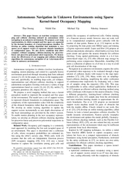 Autonomous Navigation in Unknown Environments using Sparse Kernel-based
  Occupancy Mapping