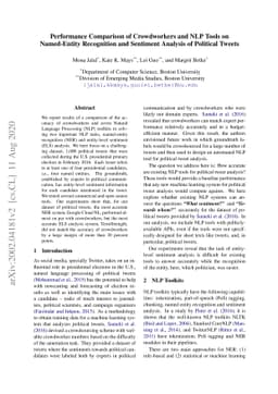Performance Comparison of Crowdworkers and NLP Tools on Named-Entity
  Recognition and Sentiment Analysis of Political Tweets