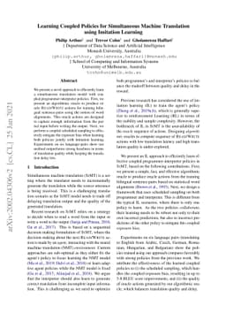 Learning Coupled Policies for Simultaneous Machine Translation using
  Imitation Learning