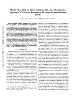 Machine Learning for Motor Learning: EEG-based Continuous Assessment of
  Cognitive Engagement for Adaptive Rehabilitation Robots