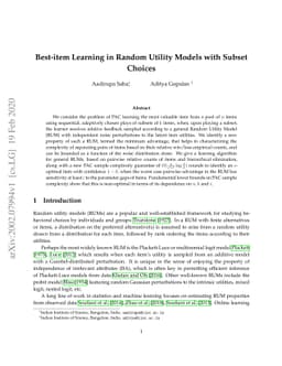 Best-item Learning in Random Utility Models with Subset Choices