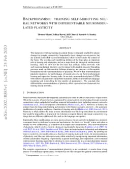 Backpropamine: training self-modifying neural networks with
  differentiable neuromodulated plasticity