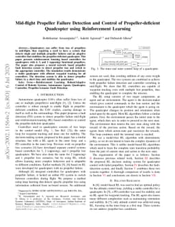 Mid-flight Propeller Failure Detection and Control of
  Propeller-deficient Quadcopter using Reinforcement Learning